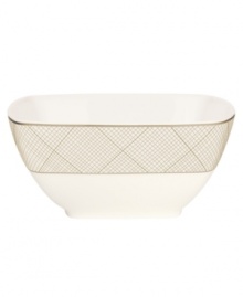 Dressed in a fine diamond grid of bronze and warm taupe, these medium square bowls are from Noritake dinnerware. The dishes in the Veneto collection are tailored for formal dining and everyday elegance in bone china.