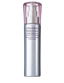 White Lucent Brightening Serum for Neck and Décolletage is uniquely formulated to prevent the appearance of spots and dullness to give a luminous, radiant look to the neck area. Formulated with Spot Deacti-Complex, Dual-Target Vitamin C, and Asian palnt extracts, the brightening serum retextures skin for a smooth finish and even provides an immediate brightening effect with pearl pigments.