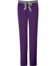 Ultra glamorous with their pattern mix and silky drape, Juicy Coutures striped pants are a seriously stylish take on sleepwear - White and black striped satin tie, black dotted waistband, side slit pockets, dotted lining at ankle for contrast printed cuffs - Straight leg - Wear with a cami and shearling-lined slippers