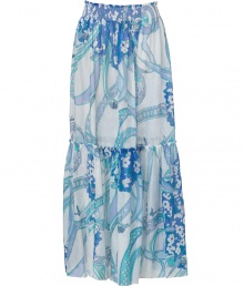 With a pastel floral print and breezy blend of cotton and silk, Emilio Puccis maxi skirt radiates warm weather chic - Smocked waistband, tiered seaming - Full silhouette, floor-length - Wear with a silk tank and bright sandals