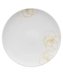 A modern canvas for everyday meals, the Bloom Sun buffet plates have a smooth, flat surface that's artfully scribbled with golden florals for a look that's fresh--and in durable porcelain--not fussy. From Villeroy & Boch.