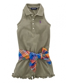 This adorable cotton mesh polo romper features a pretty belted sash at the waist and a ruffled hem.