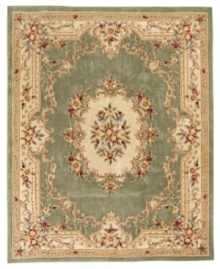 Modeled after 17th century Aubusson rugs, the Jade area rug offers a traditional floral motif in a contemporary sage and ivory colorway. Crafted of rich wool.