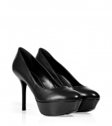 Classic and versatile, these luxe black leather platform pumps from Sergio Rossi will upgrade any look - Round toe, front platform, stiletto heel - Pair with a cocktail sheath, leather leggings, a pencil skirt, or even skinny jeans