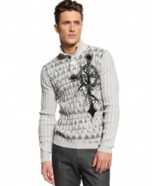 This ribbed knit sweater INC International Concepts boasts a sleek mock neck and a cool cross graphic print.