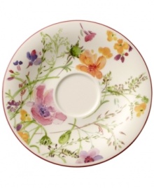 Prolong spring with the lively Mariefleur tea saucer. Splashy colors adorn premium white porcelain edged in red and designed for everyday dining. Mix and match with New Cottage dinnerware, also by Villeroy & Boch.