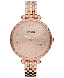 An oversized dial is placed on a thin but sturdy steel bracelet on this Heather collection watch from Fossil.