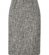 Immaculately cut in an exquisite mix of wool and angora, Paule Kas pencil skirt is a luxe staple tailored to all-season sophistication - Pleat detail at waist, hidden back zip, kick pleat, fitted - Pair with fine knit cashmere pullovers and ladylike pin heels