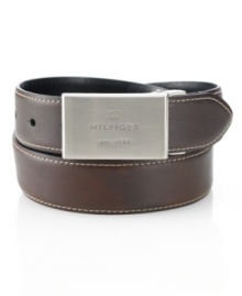 A brushed nickel plaque buckle from Tommy Hilfiger makes a bold statement when paired with khakis or jeans.