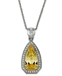 Canary yellow sings in this pave-framed pendant necklace from Eliot Danori. Crafted from silver-tone brass and cubic zirconia (6 ct. t.w.), and surrounded by sparkling accents, the pendant makes a bold statement. Approximate length: 16 inches + 2-inch extender. Approximate drop: 1 inch.