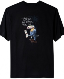 Boasting Tommy Bahamas toucan themed graphic, this soft jersey tee makes a punny statement about cold brews.