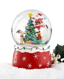 Nothing like a snow globe to spread holiday cheer. Holiday Lane captures a heartwarming scene where Santa adds final touches to his Christmas tree as Rudolph looks on. Plays Deck the Halls.