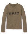 Luxe leather spells out Burberry's signature BRIT lettering on the front of this classic crewneck tee.