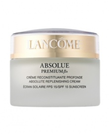 Repair – Intense Moisture – Clarity.Lancôme Laboratories sets the new standard in skincare to fight visible effects of age and hormonal changes. Absolue Premium ßx SPF 15 Cream revolutionizes skin replenishment by combining two advanced discoveries in one luxuriously rich cream: Pro-Xylane(tm), a patented scientific breakthrough: an exceptional and precise molecule, restores essential moisture deep in the structure of skin's surface.  So skin regains youthful substance, firmness, and radiance – as if signs of aging are visibly repaired. The intensely replenishing ßio-Network(tm) – wild yam, soy, sea algae and barley – helps enhance performance for visible rejuvenation. See the transformation, verified by women*: Visible Repair: Wrinkles appear reduced. 85% experience improved elasticity and firmness.Intense Moisture: 91% feel skin is nurtured.  Re-plumped with life.Clarity:  A radiant, even skin tone is revealed.*Percentage of women who noted visible facial improvement after 4 weeks during an 8-week consumer test.NON-COMEDOGENIC. NON-ACNEGENIC. DERMATOLOGIST-TESTED FOR SAFETY