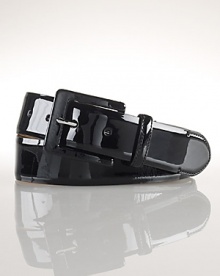 Lauren by Ralph Lauren's patent leather belt is a slick waist cincher. Work the label's polished appeal and wear it over a crisp white blouse and dark denim.