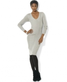 Lauren Ralph Lauren's essential V-neck dress is rendered in a sleek metallic cotton blend for unrivaled holiday twinkle.