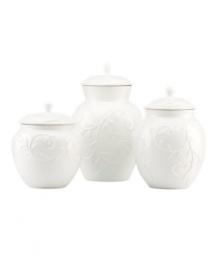 With an elegant white-on-white pattern featuring an embossed vine motif and radiant glaze, the Opal Innocence Carved canisters from Lenox add endless refinement to your kitchen.  Qualifies for Rebate