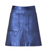 This whimsical skirt of glittery blue lame is just the boost your wardrobe is looking for -  Slim, short A-line cut has a fun retro look that contrasts with a futuristic glitter finish - Features two oversized patch pockets, two welt pockets, and an exposed back half-zip closure - Pair with sexy silk tank and platform wedges for a show-stopping night out