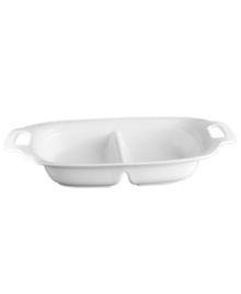 Perfect for a duo of sides, salads, or main courses and bread, Aspen Ridge divided serving trays make serving meals more fun. Fresh and understated, this collection features a pure white glaze and elegant modern lines that evoke winter's snow-capped slopes. Qualifies for Rebate