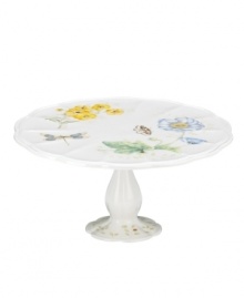 The whimsical butterflies and blooms of Butterfly Meadow dinnerware grace this charming cake stand, an irresistible way to serve your sweetest confections. With scalloped detail in white porcelain. Qualifies for Rebate