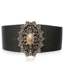 An ornate centerpiece sets this cuff bracelet from Lucky Brand apart. Crafted from gold- and silver-tone mixed metal with glass stones adding luster, the center lies on a leather bracelet for a bit of an edge. Approximate diameter: 2-1/2 inches.