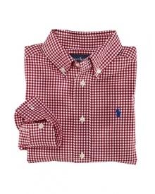 A handsome long-sleeved sport shirt is rendered in crisp gingham woven cotton broadcloth.