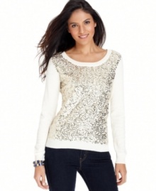 Sparkly sequins on this petite Debbie Morgan sweater  add a dose of fun to your cold weather wardrobe!