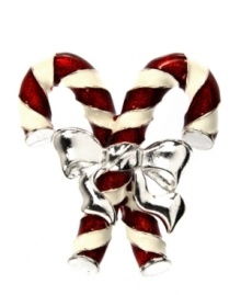 Satisfy your holiday sweet tooth with this candy cane box pin from Jones New York. The red and white design is styled with a silver tone bow. Crafted in silver tone mixed metal. Approximate length: 2 inches. Includes gift box.