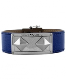 Sassy in sapphire. This leather snap bracelet from Vince Camuto has an edge to it. Featuring studs crafted from silver tone mixed metal and an ID plaque, it brings the right amount of attitude. Approximate length: 8 inches.