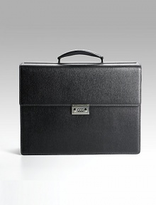 Double gusset case's sleek lines hide lots of inside pockets, securely closed with a combination lock. Top handle Detachable shoulder strap Logo metal lock closure Back outside pocket Two inside sections One inside zip pocket, one pen and cell pocket Six inside credit card pockets Logo lining 12½W X 16½H X 5D Made in Italy