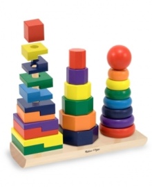 Match and sort these 25 colorful wooden pieces – skill-building is just part of the fun. Rings, octagons, and rectangles can be slotted onto the three rods, stacked on top of each other, or lined up to compare shapes, sizes, and colors. This first-concepts set is a manipulatives all-star!