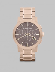 Sleek stainless steel case and link bracelet with warm rose goldtone accents and a signature check stamped dial.Quartz movementChronograph dialRound bezelWater resistant to 5ATMDate display at 4 o'clockSecond handStainless steel case: 42mm(1.65)Stainless steel link braceletImported