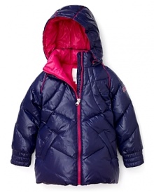 A satiny sheen and vivid pink lining dress up Diesel's hooded down coat for cool weather chic.