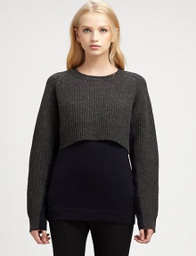 Ribbed sweater overlay adds a layered look to this lightweight wool sweater. RoundneckLong sleevesLayered hemWoolDry cleanImportedModel shown is 5'10 (177cm) wearing US size Small.