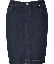 Build the foundations of your layering basics with True Religions dark wash denim pencil skirt, detailed with just the right amount of stretch for an ultra flattering fit - Classic five-pocket style, button closure, belt loops, kick pleat - Form-fitting, straight cut - Team with cool knits and flats, or dress up for work with oversized blazers and platform ankle boots