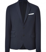 Pull together your look with a finish of impeccable tailoring in Neil Barretts navy blazer - Peaked lapel, long sleeves, buttoned cuffs, flap pockets, double back vent, tailored fit, slightly shorter length - Pair with crisp shirts and tailored trousers