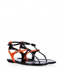 With their cool colorblocking and graphic look, Ralph Lauren Collections two-tone leather sandals are a sleek take on warm weather sophistication - Thong strap, double buckled ankle straps - Flat - Wear with crisp tailored dresses and a splash of colorful accessories