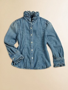 An easy, casual shirt of classic cotton denim is adorned with girlie ruffles and shaping seams for a tailored look.Ruffled stand collarLong puffed sleeves with ruffle-trimmed barrel cuffsButton-frontFront and back princess seamingCottonMachine washImported Please note: Number of buttons may vary depending on size ordered. 