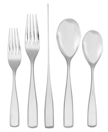 Long on elegance, Anna place settings feature a minimalist design with tapered handles and a polished silver shine. A standing knife and flower-shaped cutout in the serving spoon add distinct style to an already-modern Nambe flatware set.