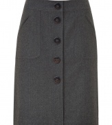 A polished staple for your workwear wardrobe, Steffen Schrauts grey flannel skirt is an elegant, everyday indispensable - Slim pencil cut, with medium-width banded waist and button placket extending from navel to mid-thigh - Oversize aprom pockets at hips and decorative seams - Pair with a button down and light cashmere cardigan or a silk blouse and style with classic pumps or loafers