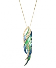 Fine-feathered fashion. RACHEL Rachel Roy's vivacious pendant is a fashionista's dream, with a trendy long chain and bright blue and green glass accents. Set in gold-plated mixed metal. Approximate length: 30 inches. Approximate drop: 3-1/2 inches.