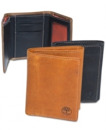 Good looking distressed style trifold wallet by Timberland is not bulky and fits and feels nicely in your hand.