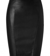 The classic pencil skirt gets a sultry kick with this leather version from Jitrois - Pencil silhouette, front contouring seam details, fitted, concealed back zip closure - Wear with a sheer blouse, a draped cardigan, and peep-toe platforms