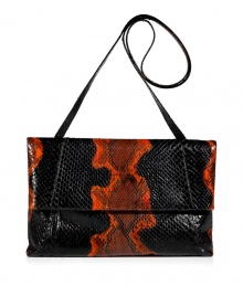 Invest in multi-season sophistication with Nancy Gonzalezs sleek fold-over python clutch, an ultra luxurious choice in cool onyx and pumpkin - Fold-over with hidden magnetic snaps and zippered pocket underneath, back slit pocket with magnetic closure, inside zippered back wall pocket, cinnamon suede lining, removable shoulder strap - Carry as a finish to chic day and evening looks alike