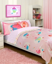 Delicious treats embellish the bed in this Cherry Tart comforter set, featuring a white and pink polka dot design with candy-colored cupcakes for a sprinkling of style your little ones will adore. Reversible for added looks.