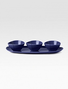 A clean, modern design in porcelain, saturated with the kind of versatility and rich color that brings any table alive. From the Pebblestone CollectionIncludes bowl & spoonPorcelainTray: 14W X 6½LBowl: 2H X 4 diam.Microwave- & dishwasher-safeImported