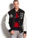 You'll be the captain of preppy in this sporty stylish Rocawear varsity jacket.