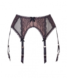 Get the sultry glamorous look of a vintage 1950s pin up girl in Von Follies by Dita Von Teeses black and peach-pink stretch lace and fishnet suspender belt - Black stretch lace and fishnet paneled front with sheer peach-pink underlay, sheer black ruffled trim, fishnet back, adjustable back silver-toned hook-and-eye closures, scallop trimmed satin garter straps with vintage-style silver-toned clips - Wear with the matching balconette bra and silk stockings for a seriously seductive look