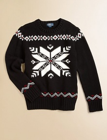 An essential snowflake crewneck sweater is rendered with an intarsia-knit motif for seasonal style.CrewneckLong sleevesPullover styleRibbed collar, cuffs and hemCottonMachine washImported