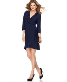 Tiana B's wrap dress is adorned with ruffled detail that infuses it with a playful (but polished!) personality. A great piece to keep in your closet for days that extend into nights out.